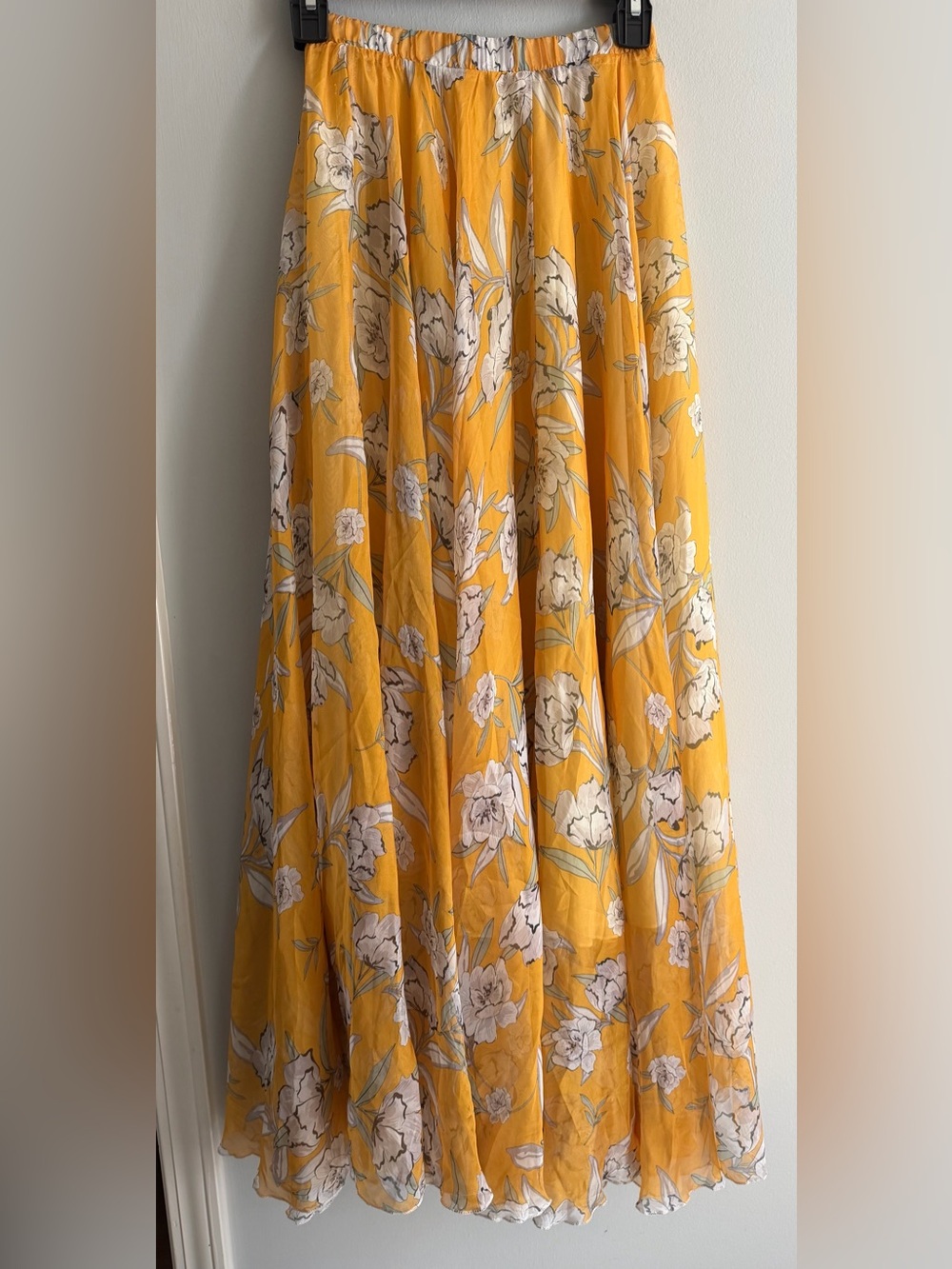 Goldenrod flowy layered bold floral pull on maxi skirt